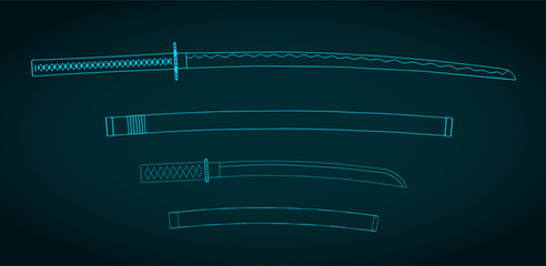 Japanese swords blueprints illustration