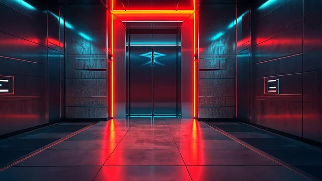 Cyberpunk Neon Corridor: Red and Blue Glowing Lights