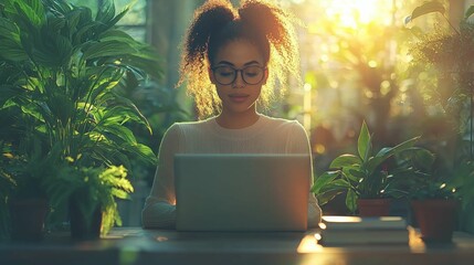 A young woman of African descent works on her laptop surrounded by lush greenery, embodying a serene remote work life.