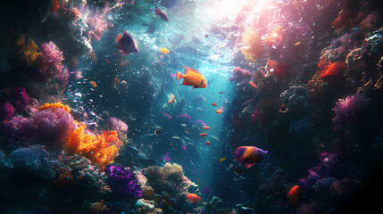Colorful fish and oceanic life, underwater world concept. Thalassic. Illustration