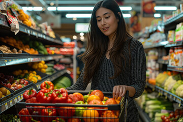 A woman is shopping for fruits and vegetables in a grocery store