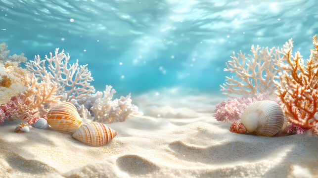 Corals and shells in sand underwater. Thalassic. Illustration