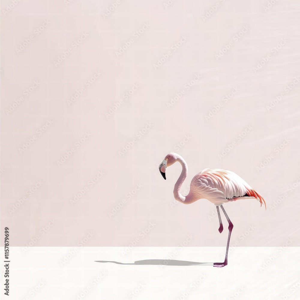 Poster Flamingo standing gracefully on one leg in a serene environment with ample copy space for design elements. Generative AI