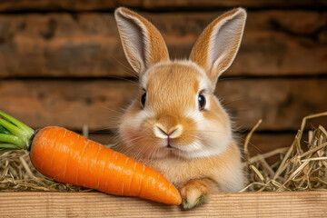 cute bunny sitting next to fresh carrot in cozy setting. fluffy fur and bright eyes add charm to this delightful scene