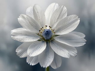 Fototapeta premium watercolor art, White flower with blue center, white background, abstract, macro photography, blurred, dreamy, white and light gray