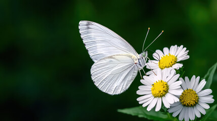 close up of white butterfly perched on delicate wildflowers, showcasing nature beauty and tranquility