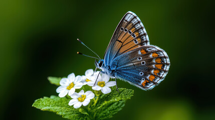 Obraz premium close up of butterfly perched on delicate white wildflowers, showcasing vibrant blue and orange patterns against lush green background