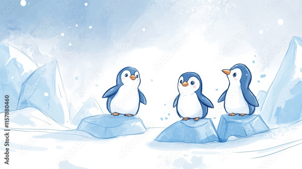 Poster playful penguins gather on icebergs in a whimsical winter landscape with space for text. generative 