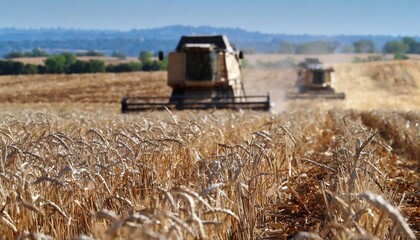 Golden Wheat Harvested in Vast Fields with Modern Combines at Work