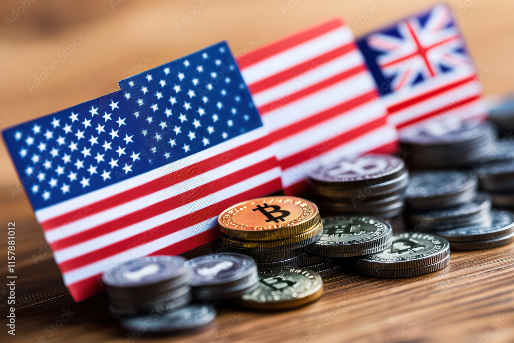 Poster close up of various coins and currency flags representing us and uk, highlighting contrast between t