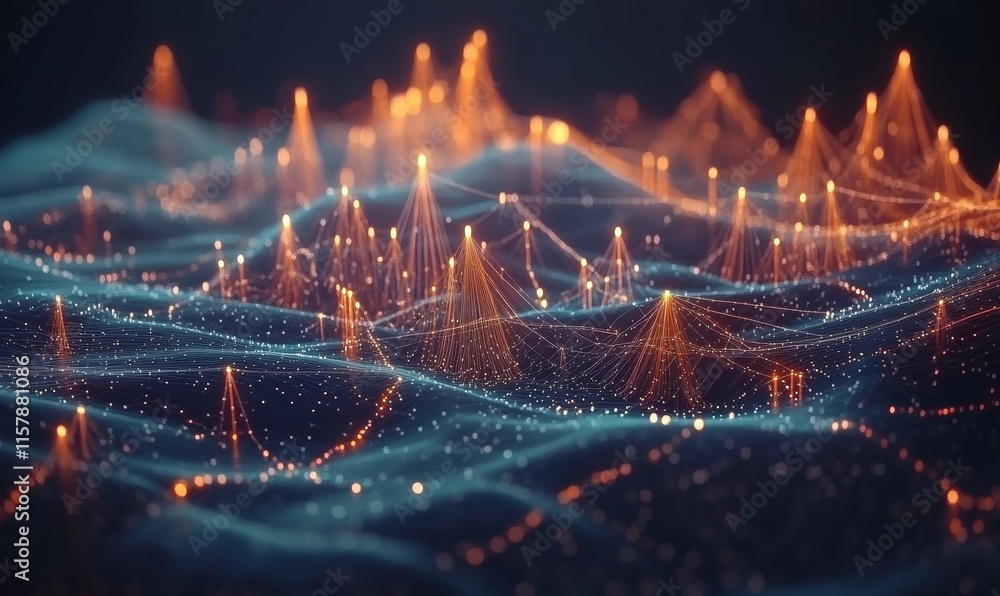 Poster a futuristic illustration of data technology, featuring low poly shapes with interconnected dots and