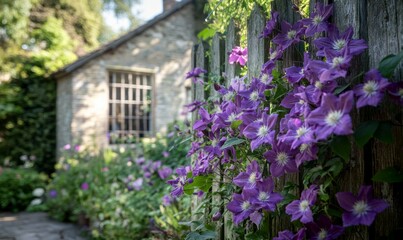 A fence of blossoming purple Alpine clematis adjacent to the summer house.