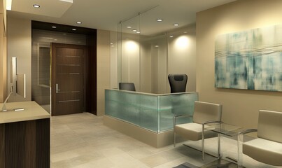 A mock up of a blank glass nameplate design is shown in this 3D rendering. The signplate is mounted on the wall near the interior door of the office. The signplate