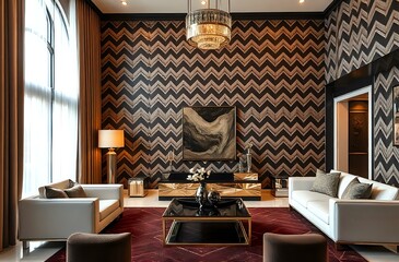 Elegant Art Deco Living Room with Chevron Sofa and Fireplace