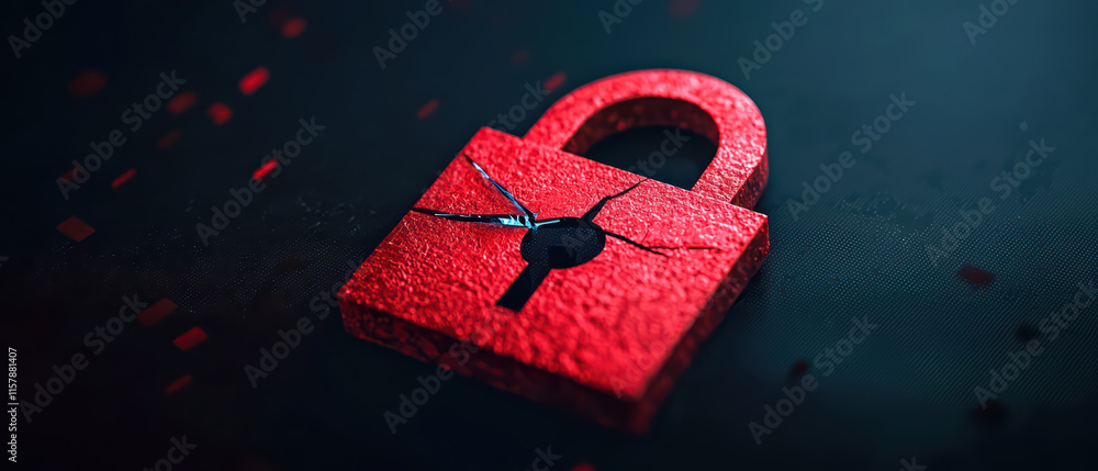 Poster broken red padlock symbolizes security issues and vulnerabilities in digital systems