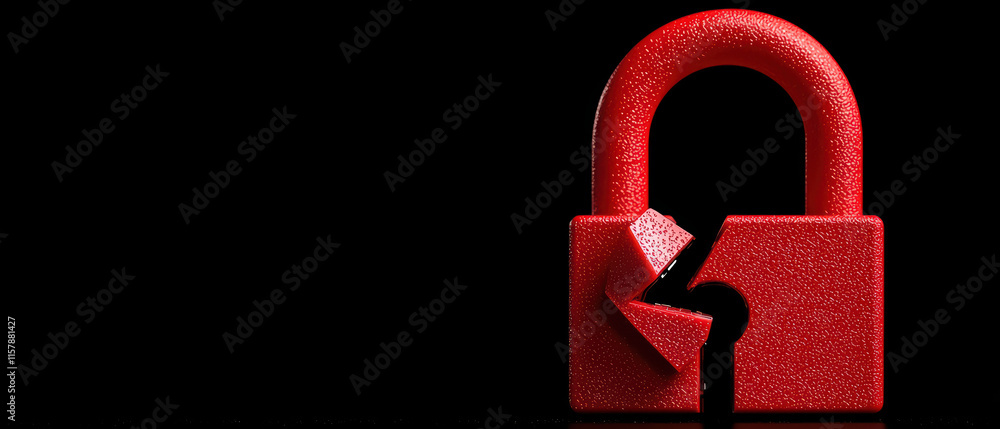 Aufkleber close up of broken red padlock symbolizing security issues and vulnerabilities