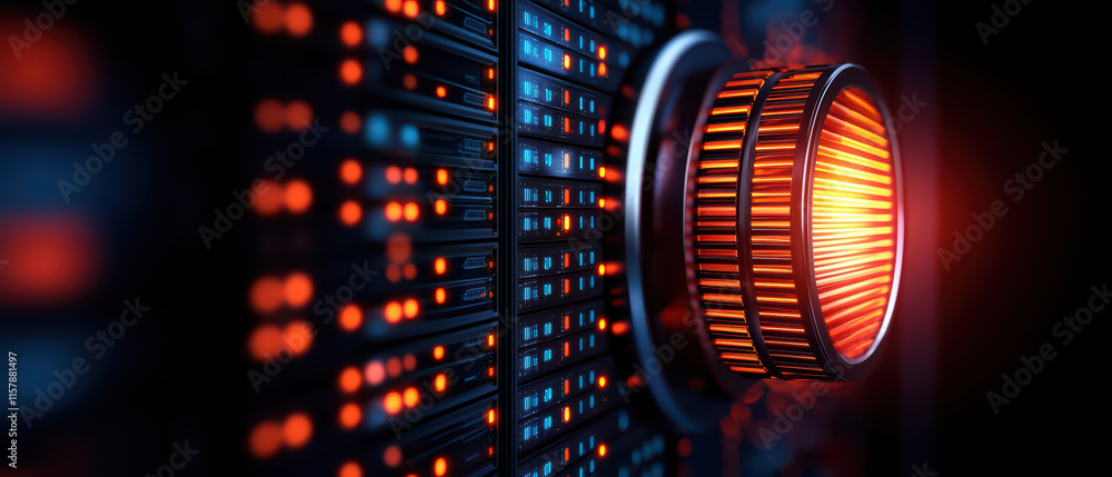 Poster close up of digital display featuring glowing lights and control knob, creating futuristic atmospher