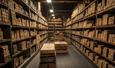 A vast storage facility equipped with high shelving and forklifts.