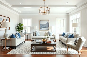 Modern Minimalist Living Room with Blue Sofas & Fruit Bowl