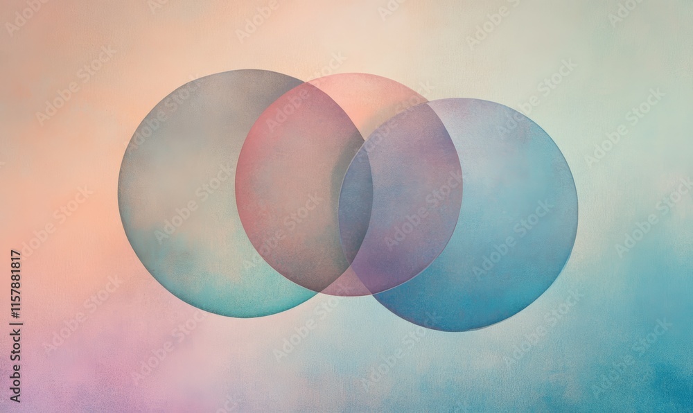 Poster abstract minimalist composition of three overlapping circles in muted pastel tones, balanced perfect