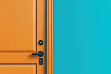 Obraz premium close up of orange door with black handle against turquoise wall, showcasing modern design elements and vibrant colors