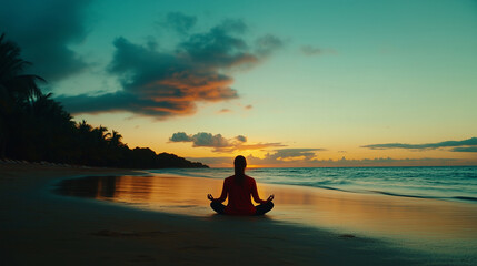 Fototapeta premium Meditating on a peaceful beach at sunrise with calm waves and vibrant colors