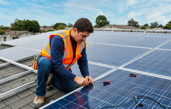 worker installing solar panels on a house roof, Hispanic contractor on the rooftop of an american house