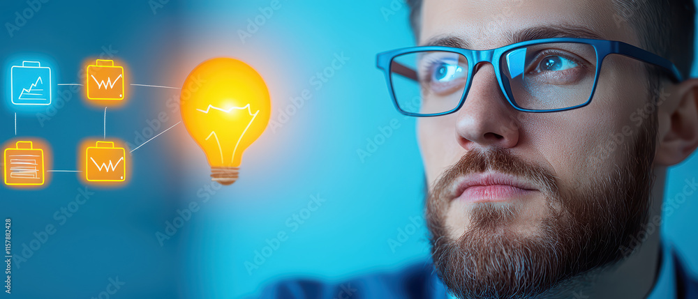 Poster innovative developer brainstorming ideas with data visualization and light bulb