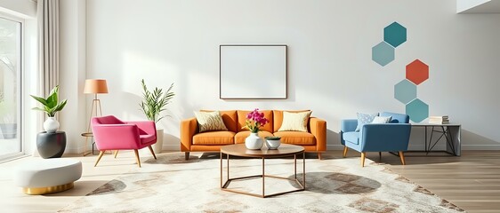 Fototapeta premium Vibrant Modern Living Room with Hexagonal Patterns