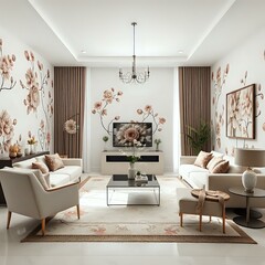 Modern Living Room with Pink Floral Accents - High Resolution Stock Photo