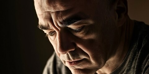 Senior man gazing downward, weathered facial lines revealing deep contemplation of life's journey and emotional complexity