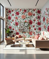 Contemporary Living Room with Floral Wallpaper