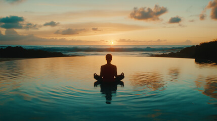 Meditating on a serene beach at sunrise with gentle waves lapping at calm waters