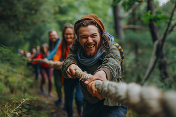 A group of people are pulling a rope, with one man in the middle of the group