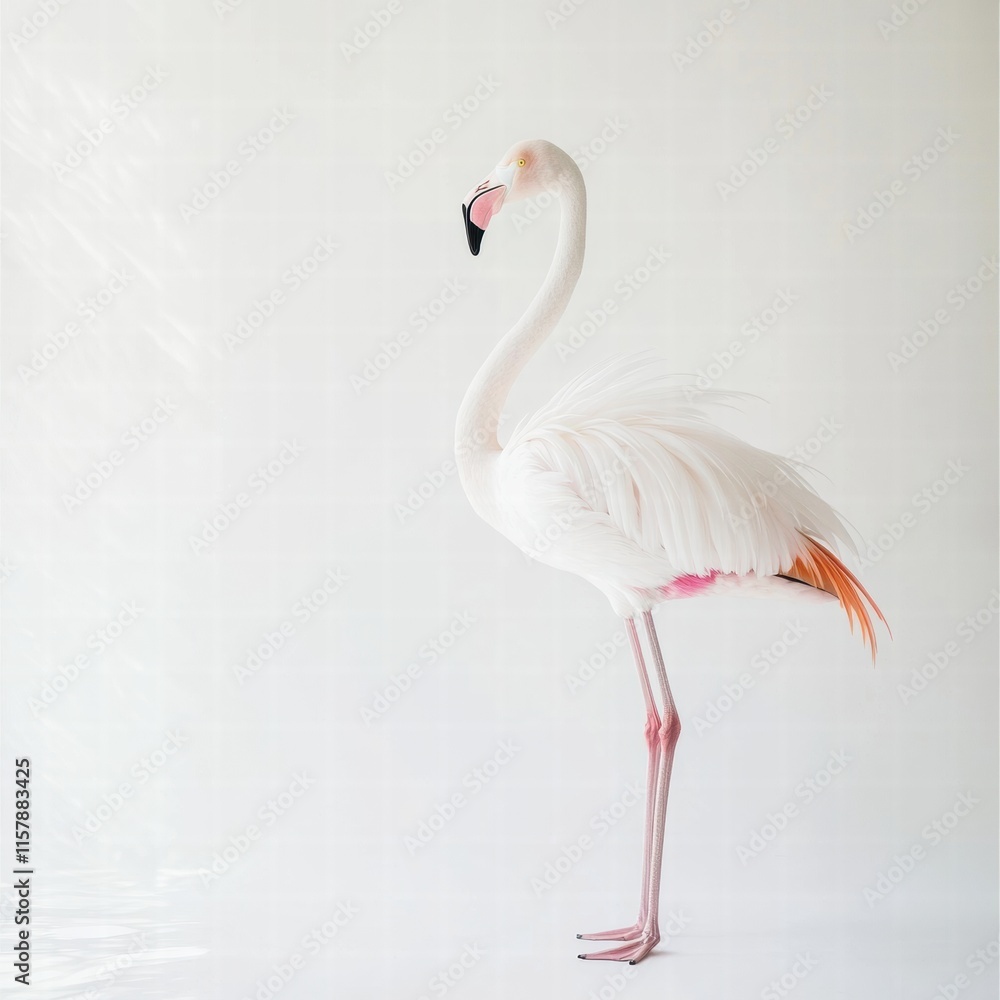 Poster Flamingo standing elegantly on one leg with ample copy space for text and design elements. Generative AI