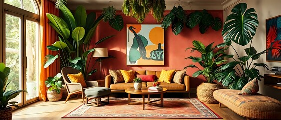 Obraz premium Cozy Living Room with Red Wall and Tropical Plants