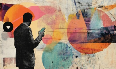 Conceptual contemporary art collage. Concept of social media interaction. Hand tapping a smartphone.