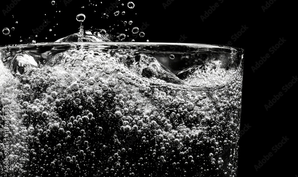 Poster decorative images of close-up soda water bubbles fizzing up or splashing or sparkling like a bomb ex