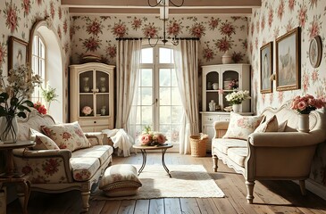 Fototapeta premium Charming Shabby Chic Living Room with Floral Sofas and Fresh Flowers