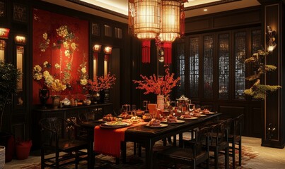 Decorations for the lunar new year in a Chinese dining room