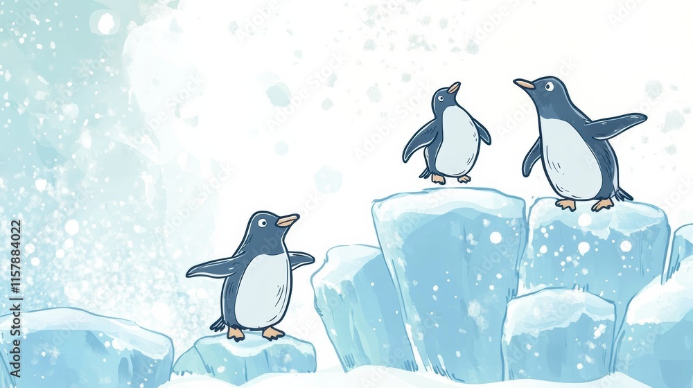 Aufkleber Playful penguins sliding on icebergs in a whimsical winter wonderland with a space for text. Generative AI
