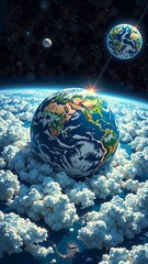 Surreal view of earth and planets amidst clouds with glowing sunrise