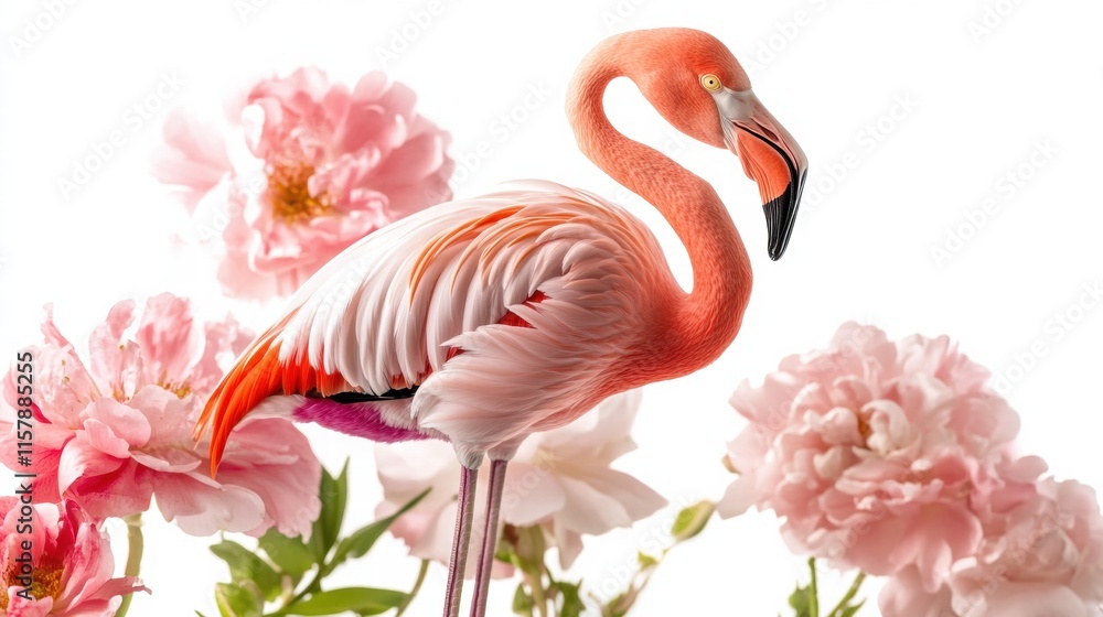 Poster flamingo standing gracefully on one leg among pink peonies with ample copy space for mockup and text