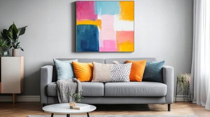 Above a grey couch and pillows in a Scandinavian-style room is a vibrant abstract painting.