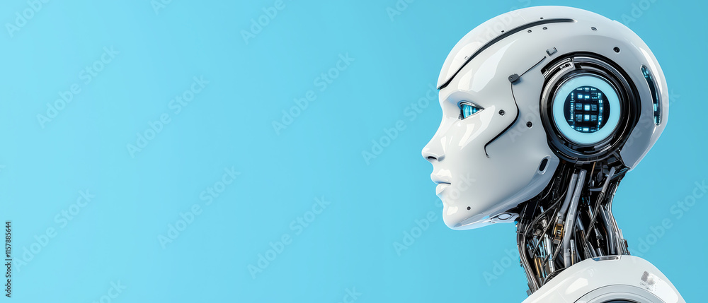 Poster close up of humanoid robot showcasing advanced technology and design. sleek features and intricate d