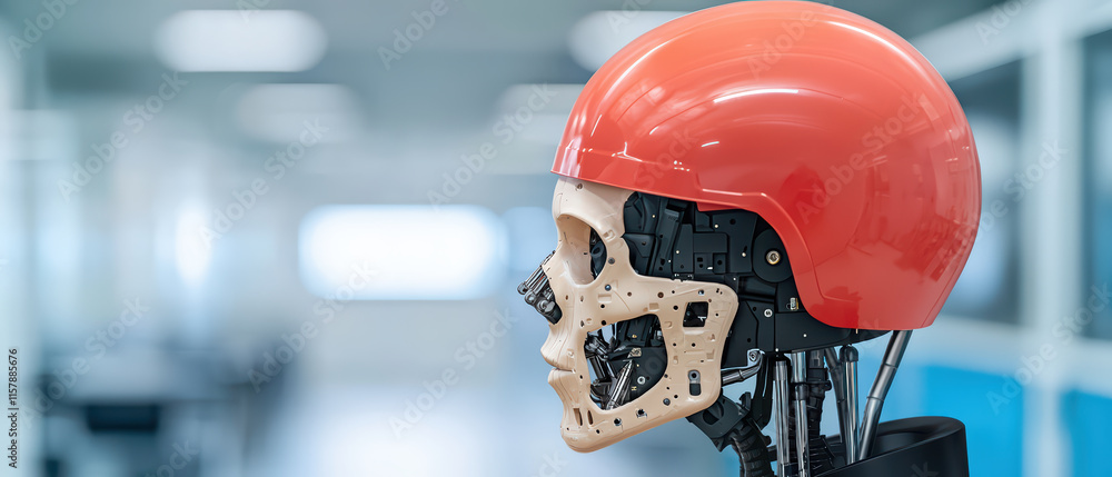 Aufkleber close up of robotic head with red helmet, showcasing advanced technology and design. intricate detai