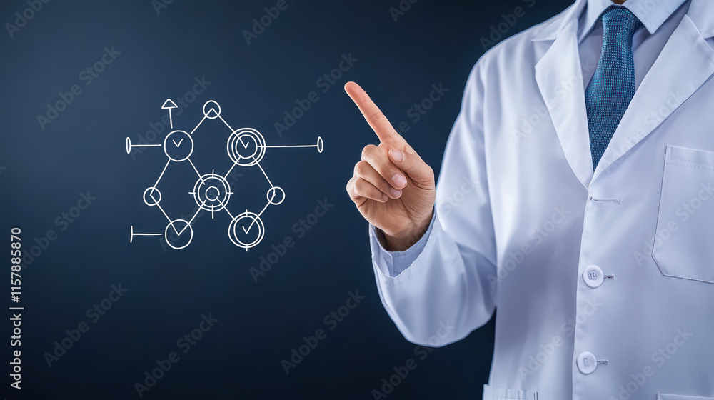 Aufkleber scientist in lab coat points at digital diagram, illustrating complex concepts. image conveys sense 