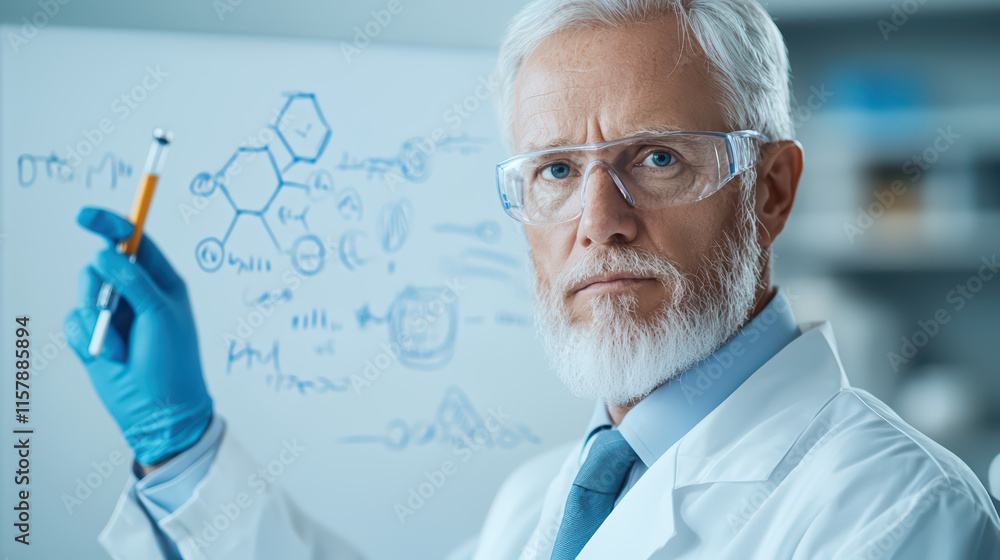 Poster scientist in lab coat explains complex experiments with confidence
