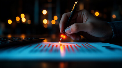 Analyzing financial data on a computer with highlighted statistics during evening hours