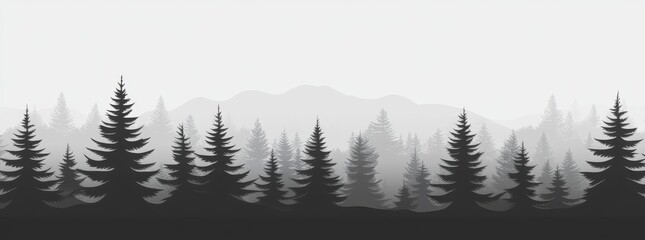 Fototapeta premium Evergreen coniferous forest silhouette. Pine trees and spruce tree park view in modern illustration style. Coniferous woods silhouette